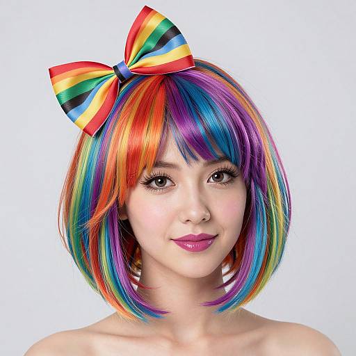 Photograph of an Asian woman with vibrant rainbow hair, multicolored striped bow, and pink lipstick, smiling against a white background.