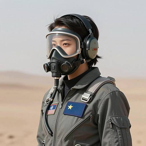 Young Woman in Military Flight Suit with Oxygen Mask