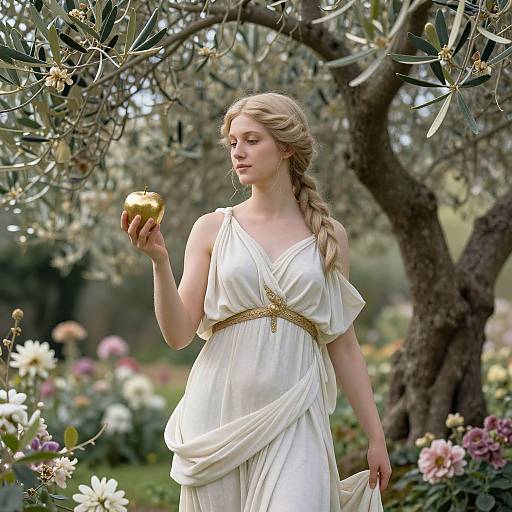Photograph of a blonde woman in a white, Grecian-style dress holding a golden apple, standing in a blooming garden under an olive tree