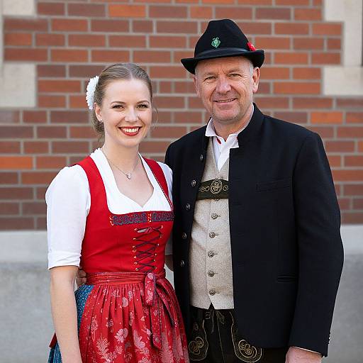 Photograph of a smiling young woman in a red dirndl and a middle-aged man in Bavarian attire, including a black hat, standing against a
