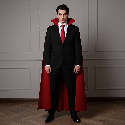 Photograph of a man with dark hair, wearing a black suit, red cape, white shirt, and red tie, standing in front of a gray