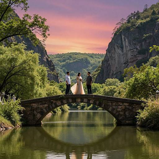 Photograph of a bride in a flowing white gown and groom in a brown suit standing on a stone bridge, silhouetted against a vibrant sunset