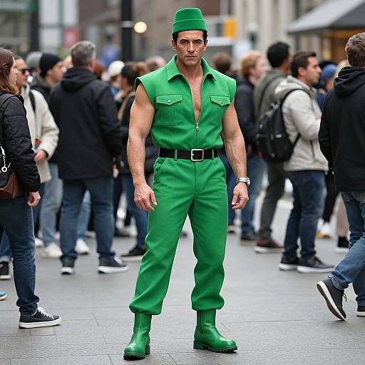 Photograph of a muscular man in vibrant green sleeveless suit, matching green boots, and cap, standing in a bustling urban street with blurred pedestrians in