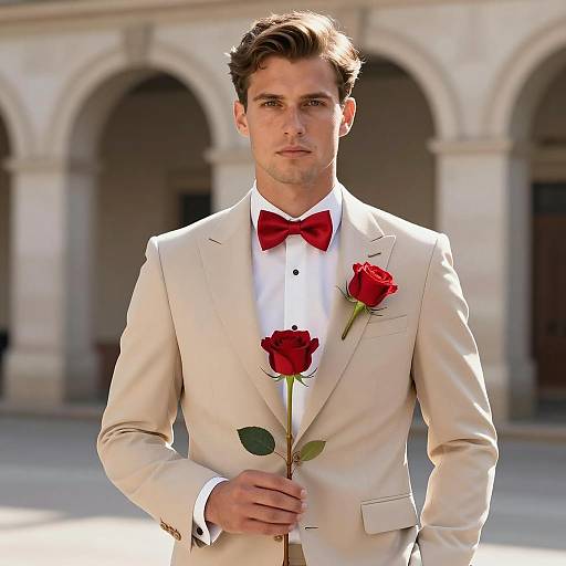 Man in Beige Suit Holding Red Rose