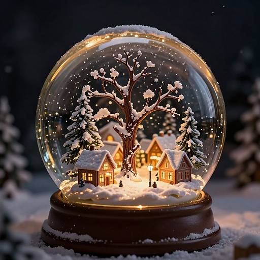 Photorealistic digital artwork of a snow globe featuring a glowing, snow-covered winter village with lit houses and a snow-laden tree.