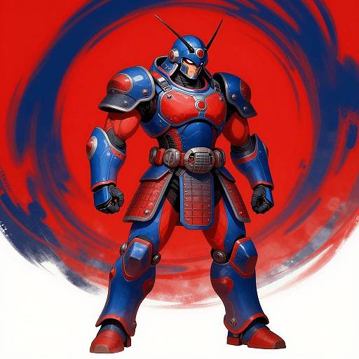 Digital illustration of a muscular, blue and red armored robot with antler-like headgear, standing against a swirling red and black background.