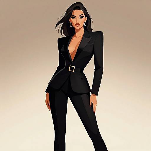 Digital illustration of a confident woman with long black hair, wearing a low-cut black suit, large hoop earrings, and a belt. She stands against a