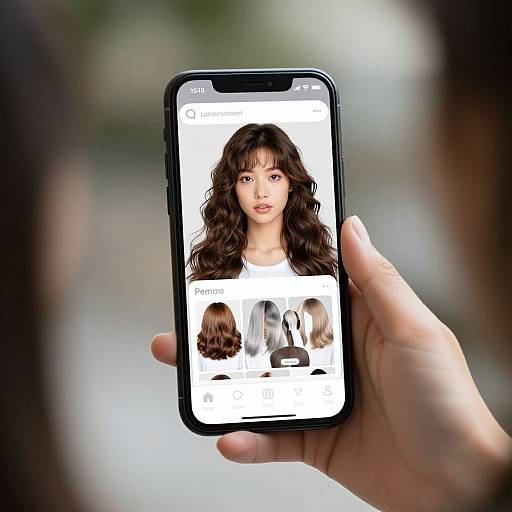 Photograph of a hand holding a smartphone displaying a beauty app with a young Asian woman's wavy hair profile, blurred outdoor background.