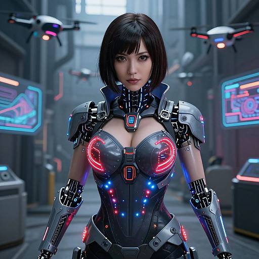 Digital CGI image of an Asian woman in a futuristic, neon-lit sci-fi alley, wearing a black, armored, neon-illuminated bod