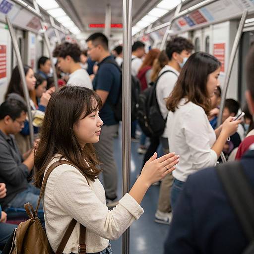 Photograph of a crowded subway car with diverse passengers; focus on a young Asian woman with long black hair, white sweater, brown backpack, and phone