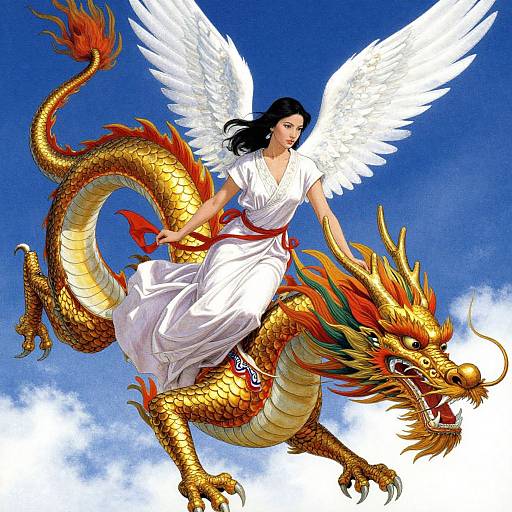 Digital art of a black-haired woman with white wings riding a golden, red-maned dragon against a blue sky with clouds.