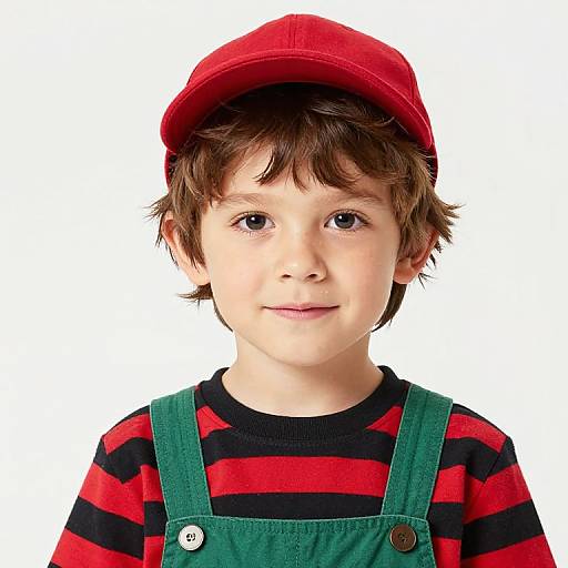 Photograph of a young boy with brown hair, wearing a red cap, red and black striped shirt, and green overalls, against a white background