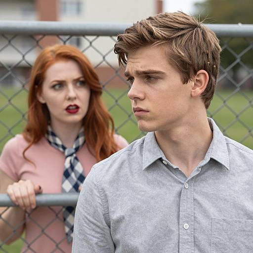 Young Man and Woman Behind Fence Portrait