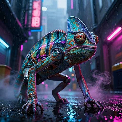 Neon-lit, cyber-chameleon crouching in a rainy, futuristic alley with vibrant pink, blue, and purple lights. Digital art with