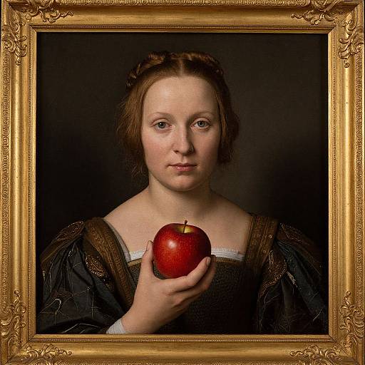 Photographic portrait of a fair-skinned woman with brown hair in Renaissance attire, holding a red apple, framed in an ornate gold frame against a