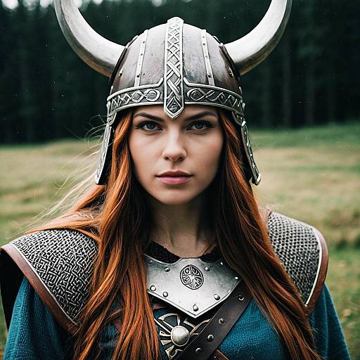 Photograph of a red-haired woman with fair skin, wearing a Viking-style silver helmet with horns, chainmail, and a blue tunic, standing