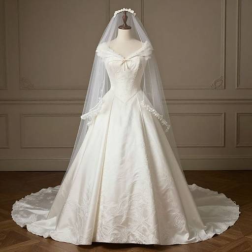 Photograph of a white satin wedding dress with an off-the-shoulder neckline and long, sheer veil displayed on a mannequin in an elegant