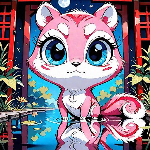 Pink Squirrel at Chinese Temple at Night