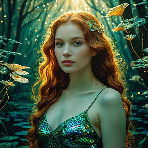 Ethereal Mermaid in Iridescent Dress in Moonlit Forest