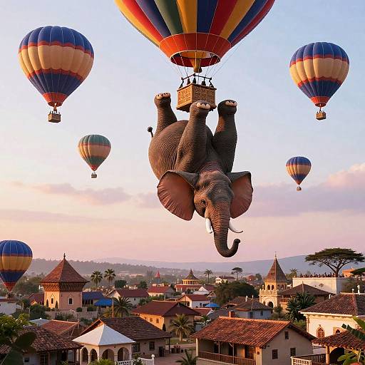 Upside Down Elephant Lifted by Hot Air Balloons