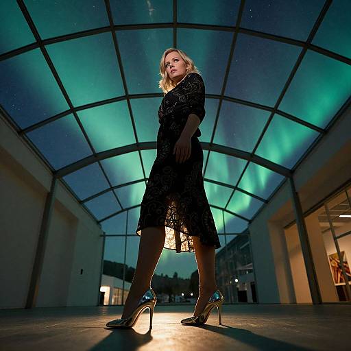Photograph of a blonde woman in a black lace dress and silver high heels, standing confidently under a glowing, arched, blue-lit ceiling.