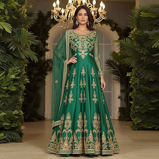 Elegant Green Gown with Gold Embroidery
