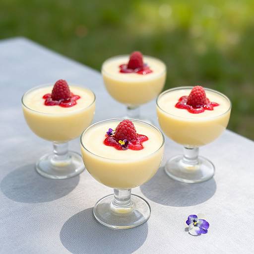 Photograph of four glass dessert cups with creamy yellow pudding, topped with fresh raspberries, on a white tablecloth outdoors.