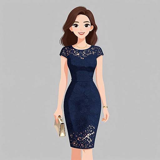 Smiling Woman in Navy Lace Dress