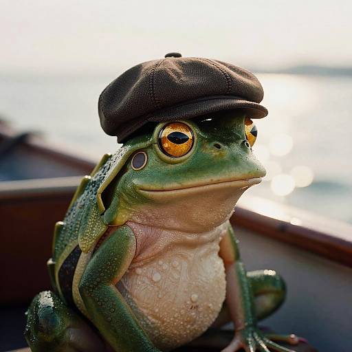 Frog Wearing Newsboy Cap on Boat