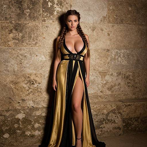 Photograph of a woman with long braided hair, wearing a deep V-neck, gold and black, high-slitted evening gown, standing against a
