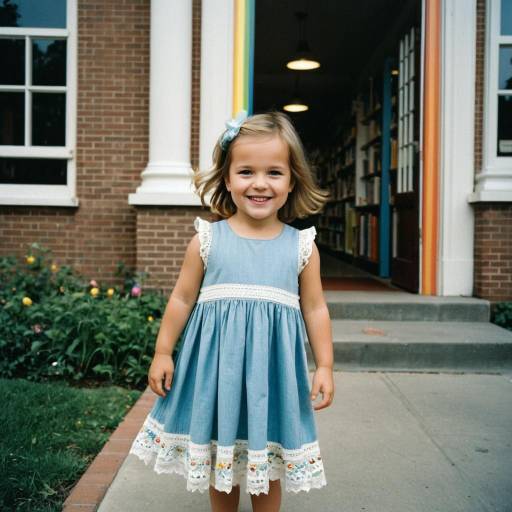 Smiling Toddler in Blue Sundress Near Children's Library