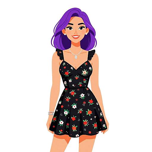 Digital illustration of a smiling woman with purple hair, wearing a black floral dress with red, white, and green flowers.