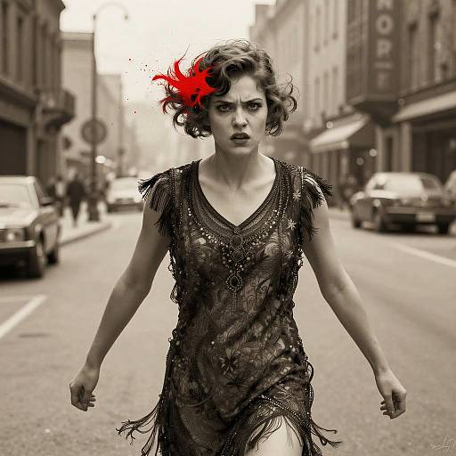 Photograph of a fierce, intense woman in a 1930s-style, black fringe dress with a red feather headpiece, running down a deserted