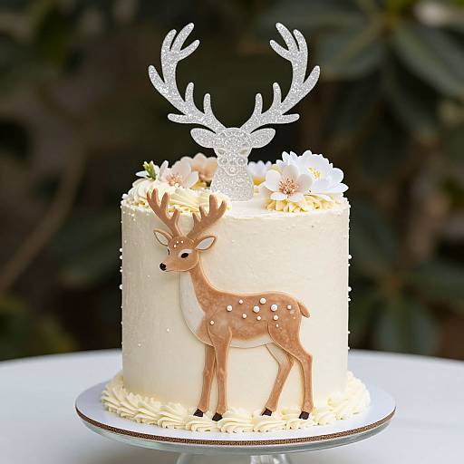Photograph of a white-frosted cake with a fondant deer and glittery deer topper, adorned with white flowers, set against a dark