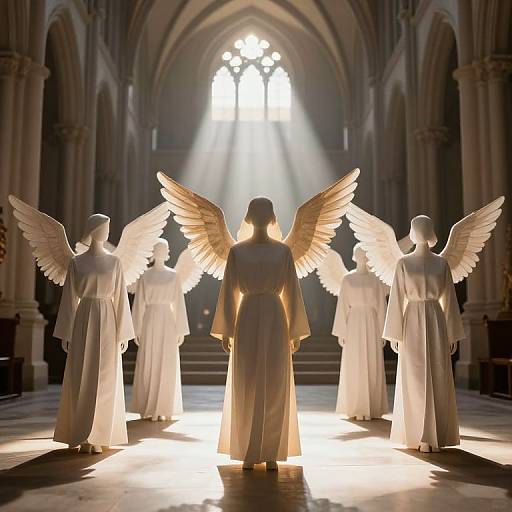 Photograph of a serene, ethereal scene in a Gothic cathedral; six white-robed angelic figures with wings surround a central figure with large wings