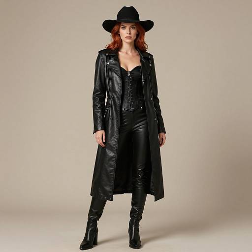 Confident Woman in Black Leather Outfit