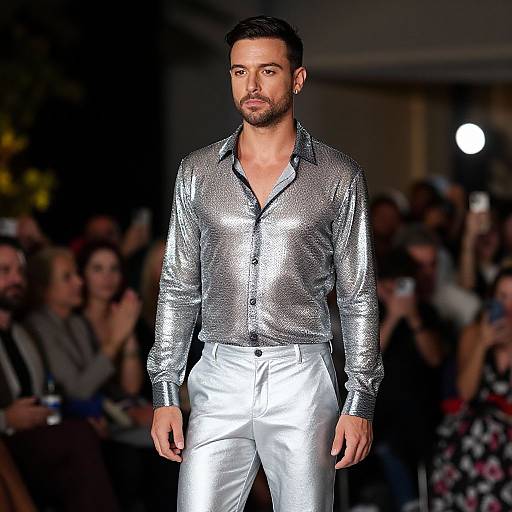 Photograph of a handsome bearded man with short dark hair, wearing a shiny silver sequin shirt and white pants, confidently walking a fashion runway with
