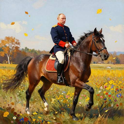 Painting of a bald, fair-skinned man in a blue military uniform riding a dark brown horse through a vibrant, autumnal field of yellow flowers