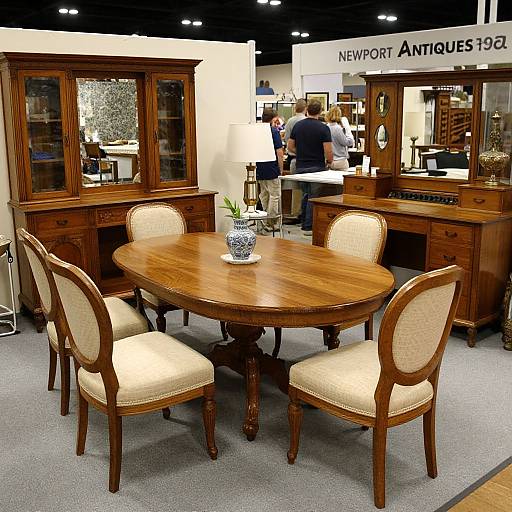 Photograph of a wooden oval dining table with four beige upholstered chairs, set in an antique furniture showroom. Display cabinets and another table in the background