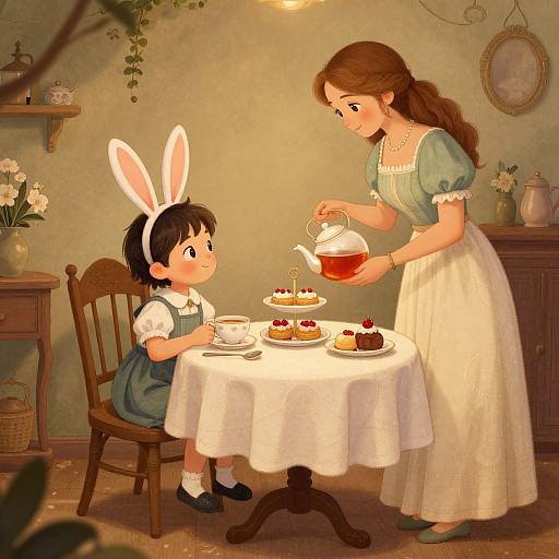 Digital illustration of a kind woman with brown hair in a green dress and white apron pouring tea for a child with bunny ears, sitting at a table