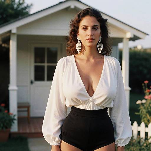 Elegant Woman by Seaside Cottage