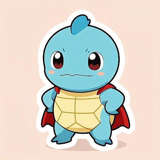 Digital drawing of a cute, blue, turtle-like Pokémon with large red eyes, yellow shell, small red cape, and blushing cheeks.