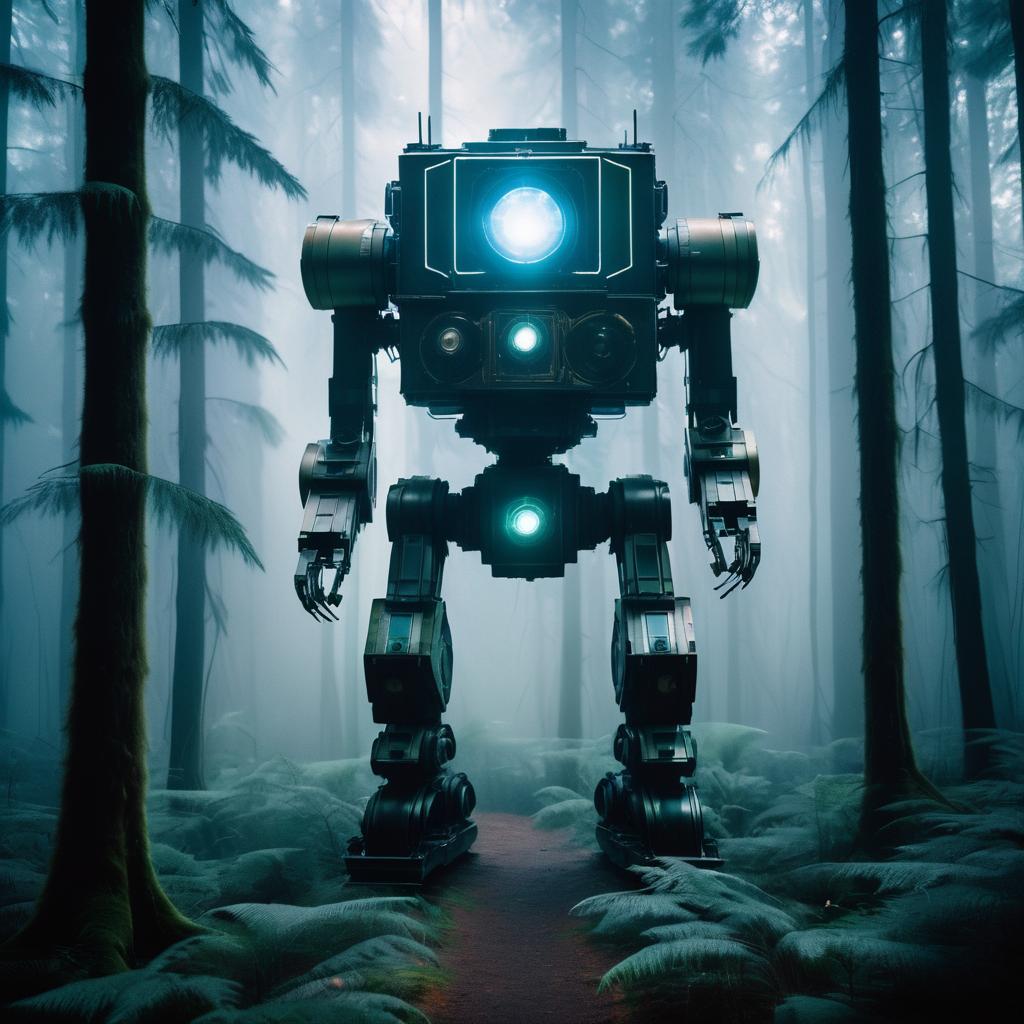 Giant Mech in Foggy Forest Scene