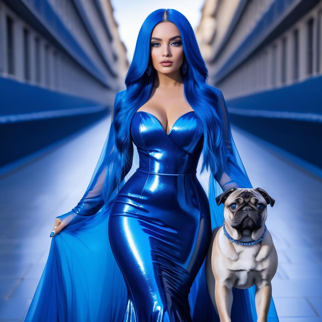 Striking Woman with Blue Hair and Pug