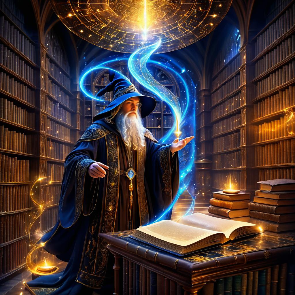 Enchanted Wizard in Ancient Library Art