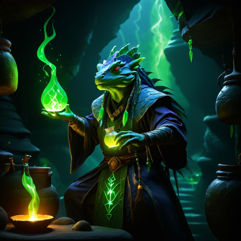 Lizard Shaman Brewing Potion in Cave