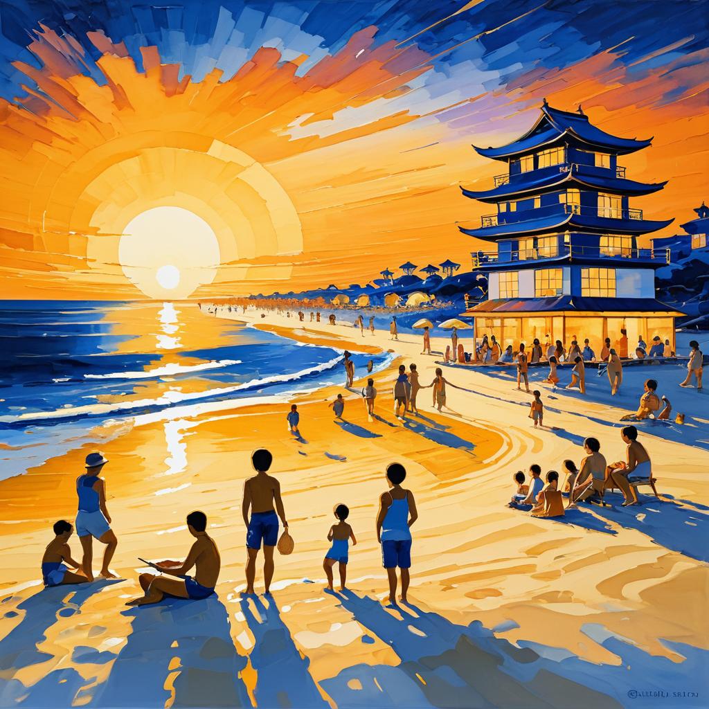 Serene Beach Sunset with Hokusai Style