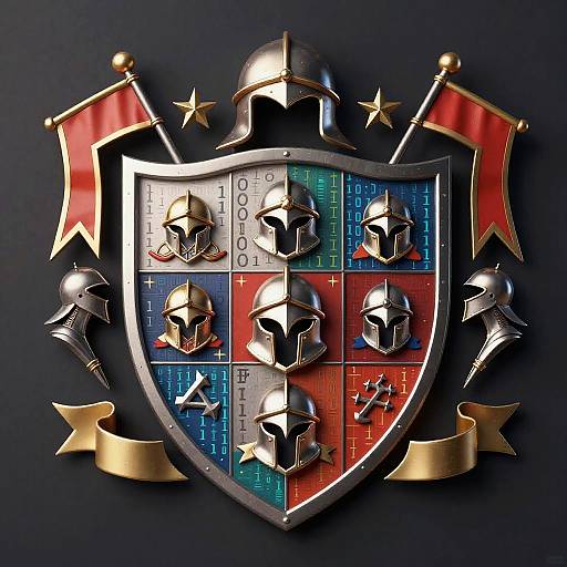 AI-Themed Heraldic Shield with Helmets and Binary Code