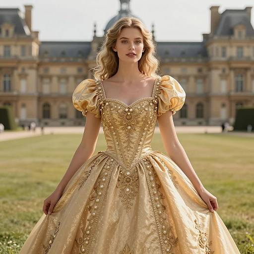 Young Woman in Ornate Gold Ballgown Outdoors
