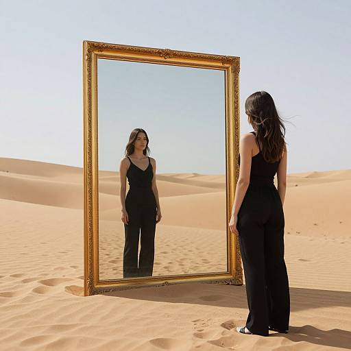 Photograph of a woman in a black dress standing in a desert, facing a large, ornate mirror reflecting her image against sand dunes under a